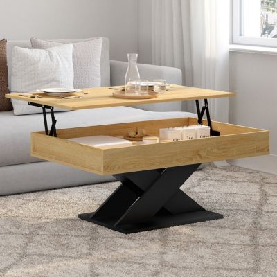 Table basse rectangulaire plateau relevable ALICIA bois et pied noir