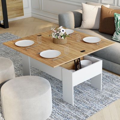 Table basse rectangulaire plateau relevable convertible en table à manger TARA bois blanc et imitation hêtre