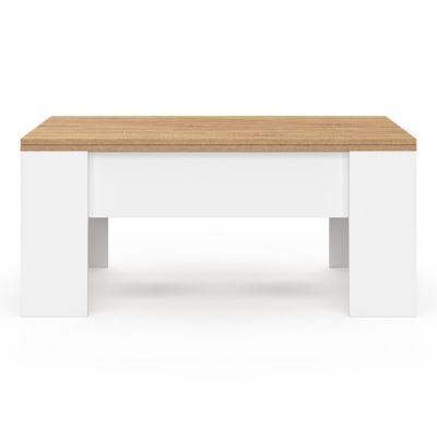Table basse rectangulaire plateau relevable convertible en table à manger TARA bois blanc et imitation hêtre