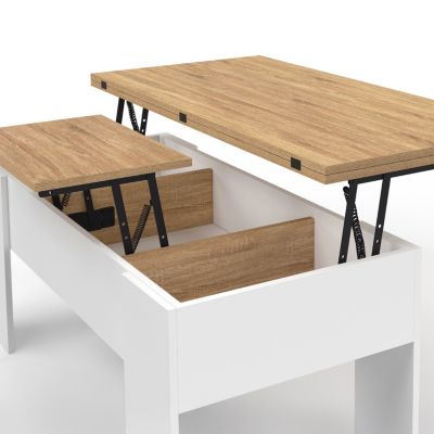 Table basse rectangulaire plateau relevable convertible en table à manger TARA bois blanc et imitation hêtre