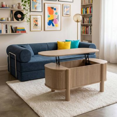 Table basse relavable effet bois ovale 100x48 cm bois clair   Oviala