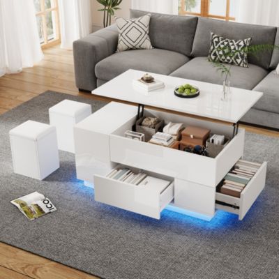 Table basse relevable 100 cm blanche en panneaux de particules avec LED et 2 tiroirs