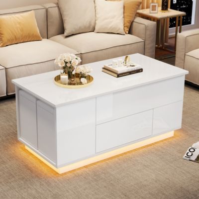 Table basse relevable 100 cm blanche en panneaux de particules avec LED et 2 tiroirs