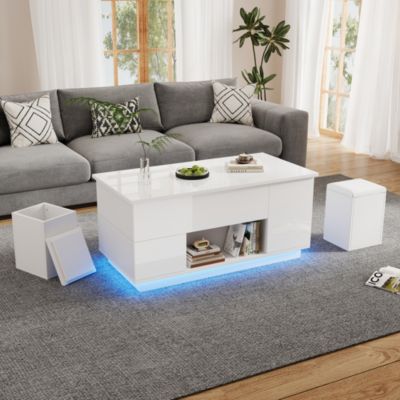 Table basse relevable 100 cm blanche en panneaux de particules avec LED et 2 tiroirs