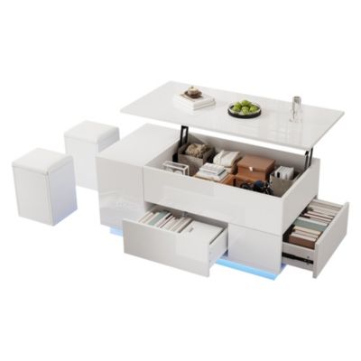 Table basse relevable 100 cm blanche en panneaux de particules avec LED et 2 tiroirs