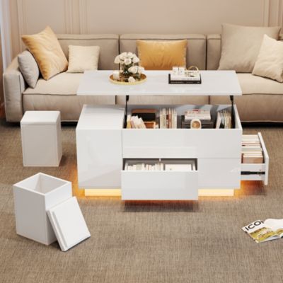 Table basse relevable 100 cm blanche en panneaux de particules avec LED et 2 tiroirs