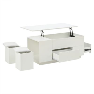 Table basse relevable 100 cm blanche en panneaux de particules avec LED et 2 tiroirs