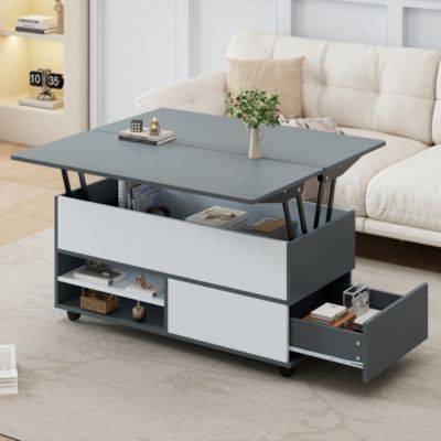 Table basse relevable 100 cm en panneaux de particules gris et blanc avec rangement