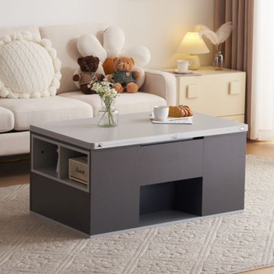 Table basse relevable 100 cm grise en panneaux de particules avec tiroirs