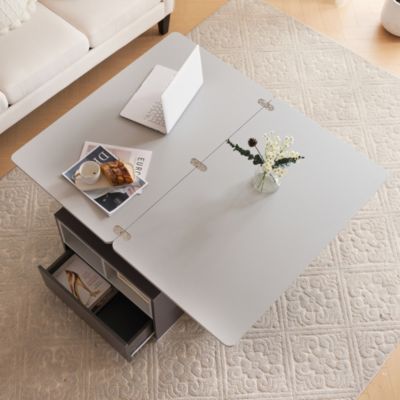 Table basse relevable 100 cm grise en panneaux de particules avec tiroirs