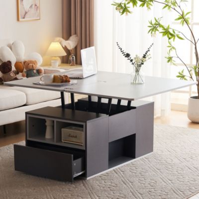 Table basse relevable 100 cm grise en panneaux de particules avec tiroirs