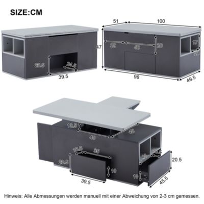 Table basse relevable 100 cm grise en panneaux de particules avec tiroirs