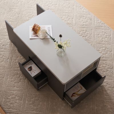 Table basse relevable 100 cm grise en panneaux de particules avec tiroirs