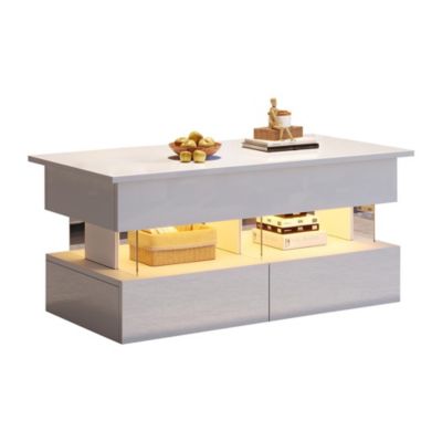 Table Basse Relevable 100x50cm, Plateau Réglable, LED, 2 Tiroirs, Blanc
