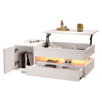 Table Basse Relevable 95x50cm, 1 Tiroir/1 Armoire, LED, Blanche