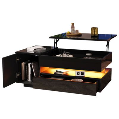 Table Basse Relevable 95x50cm, 1 Tiroir/1 Placard, LED, Noire