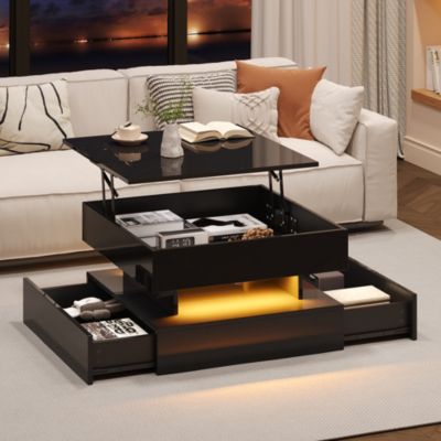 Table Basse Relevable avec LED et Rangement Caché, 2 Tiroirs Fonctionnels - 65 x 65 x 38,5 cm - Spanplatte Noir