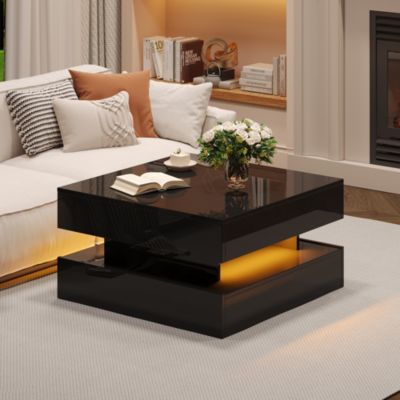 Table Basse Relevable avec LED et Rangement Caché, 2 Tiroirs ...