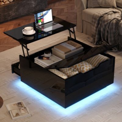 Table Basse Relevable avec Rangement et Bande Éclairage LED, 1 Tiroir, design Moderne, pour Salon - 70x70x38 cm - Noir Laqué