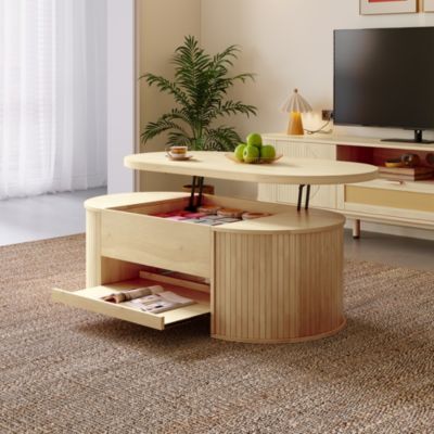 Table Basse Relevable avec Étagère Extensible, Design Incurvé pour Salon, Multifonction en MDF - 110x55,5x40 cm - Naturel