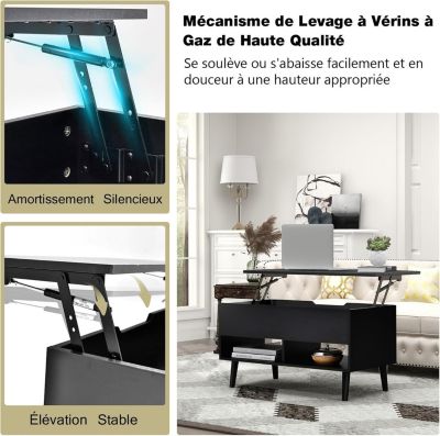 GOPLUS Table Basse Relevable à Gaz Avec Rangement - Plateau Relevable Et Étagères, Salon Moderne (Noir)