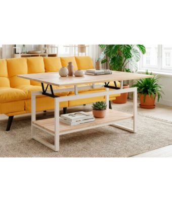 Table basse relevable et extensible en bois de chêne avec pied en métal blanc-Longueur 100 x Profondeur 45-90 x Hauteur 47-62 cm