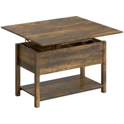 Table basse relevable extensible double plateau vérins hydraulique multi-rangement effet bois vieilli