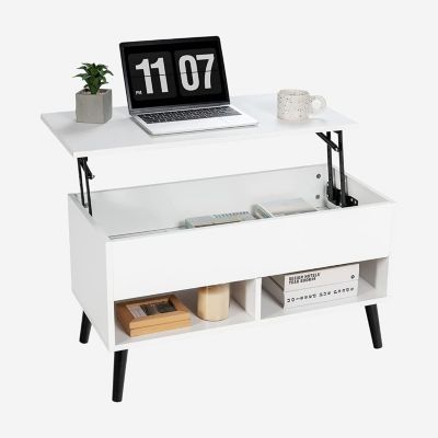 Table Basse Relevable à Gaz avec 1 Plateau Table Basse Rectangulaire avec 3 Compartiment Style Modern Blanc