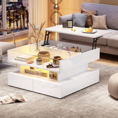 Table Basse Relevable LED - Table Basse Moderne avec Tiroirs et Rangement Caché - 80x80x45 cm - Blanc