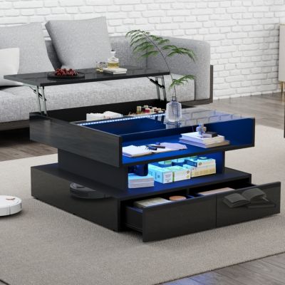 Table Basse Relevable LED - Table Basse Moderne avec Tiroirs et Rangement Caché - 80x80x45 cm - Noir