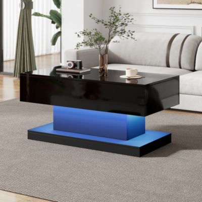 Table Basse Relevable Moderne - Table Basse avec LED et Rangement, Relevable Hydraulique - 100x50x45 cm - Noir