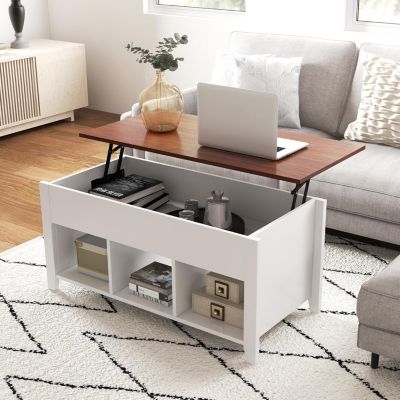 Table Basse Relevable Moderne Table Basse de Salon a Plateau Relevable Table Basse Transformable Compartiment Cache Blanc