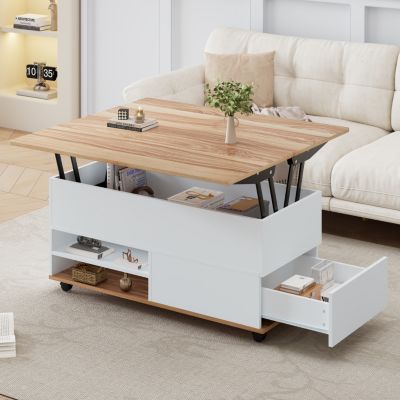 Table basse relevable multifonction 100 x 98 cm blanc et bois avec ...