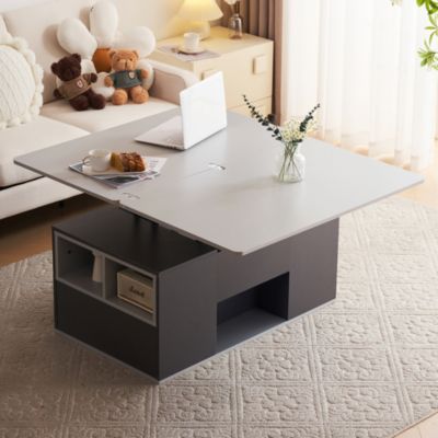 Table basse relevable multifonction 100cm avec 2 tiroirs gris foncé et clair