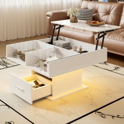 Table Basse Relevable Multifonction avec LED et Tiroir - Design Gain de Place pour Salon Contemporain, 78x78x45,5/59,5 cm, Blanc