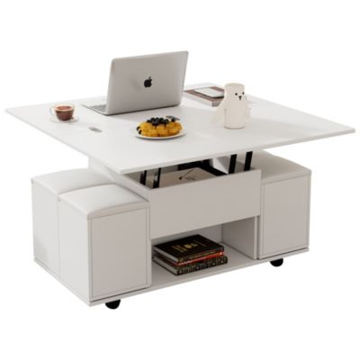 Table basse relevable multifonctionnelle blanche plateau convertible 2 tables usage salon bureau repas loisirs grande capacite