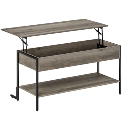 Table basse relevable style industriel - étagère - plateau relevable H.46-59 cm - métal noir effet bois gris