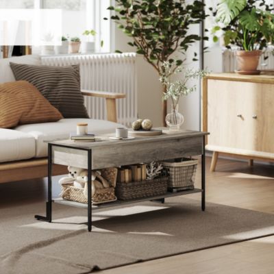 Table basse relevable style industriel - étagère - plateau relevable H.46-59 cm - métal noir effet bois gris
