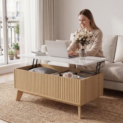 Table Basse Relevable Style Nordique Plateau Faux Marbre, Espace de Rangement Caché, 105x53cm