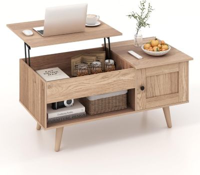 Table Basse Relevable Table Basse Plateau Relevable Rangement Caché et Etagère Ouverte pour Salon Bureau Chambre Naturel