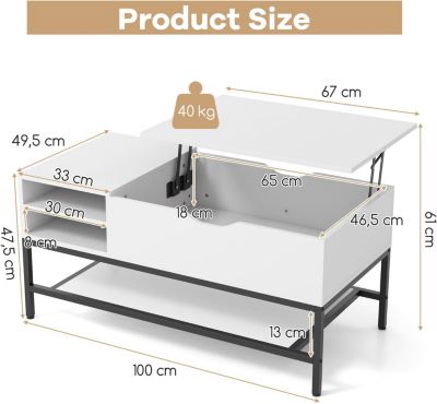 Table Basse Relevable Table Basse Salon avec Plateau Relevable Vérin à Gaz avec Compartiments Caché Ouverts