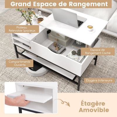 Table Basse Relevable Table Basse Salon avec Plateau Relevable Vérin à Gaz avec Compartiments Caché Ouverts