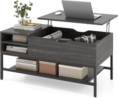 Table Basse Relevable, Table Basse Salon Moderne avec Étagère de Rangement Ouverte, Charge 45 KG, 99,5 x 49,5 x 47,5 CM, Gris