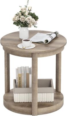 Table Basse Ronde à 2 Niveaux,en Bois de Caoutchouc et MDF,Pieds Antidérapants, pour Chambre,Charge 90 +68KG, 60,5 x 61CM (Gris)
