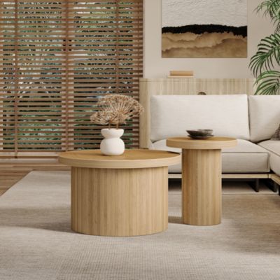 Table Basse Ronde 2 Pièces en Bois Naturel - Tables d'Appoint Empilables au design Scandinave - Structure en MDF Solide - Naturel