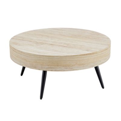 Table basse ronde 70 cm en MDF aspect travertin clair avec pieds métal noir
