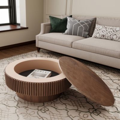 Table basse ronde 75 cm effet noyer avec rangement caché | Castorama