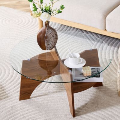 Table basse ronde   80 cm en verre et MDF décor noyer