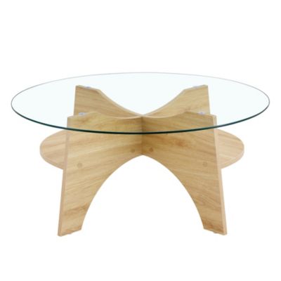 Table basse ronde 80 cm en verre transparent et MDF décor bois