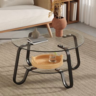Table basse ronde 80 cm en verre trempé avec double plateau et structure métal noir